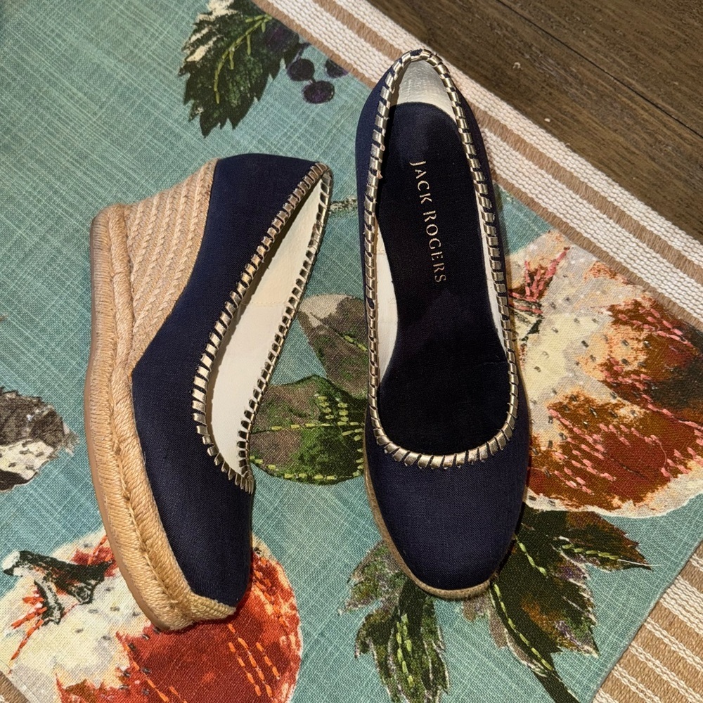Jack Rogers Navy Rounded Toe PALMER Espadrille Wedge Heels Braided Trim Size 8